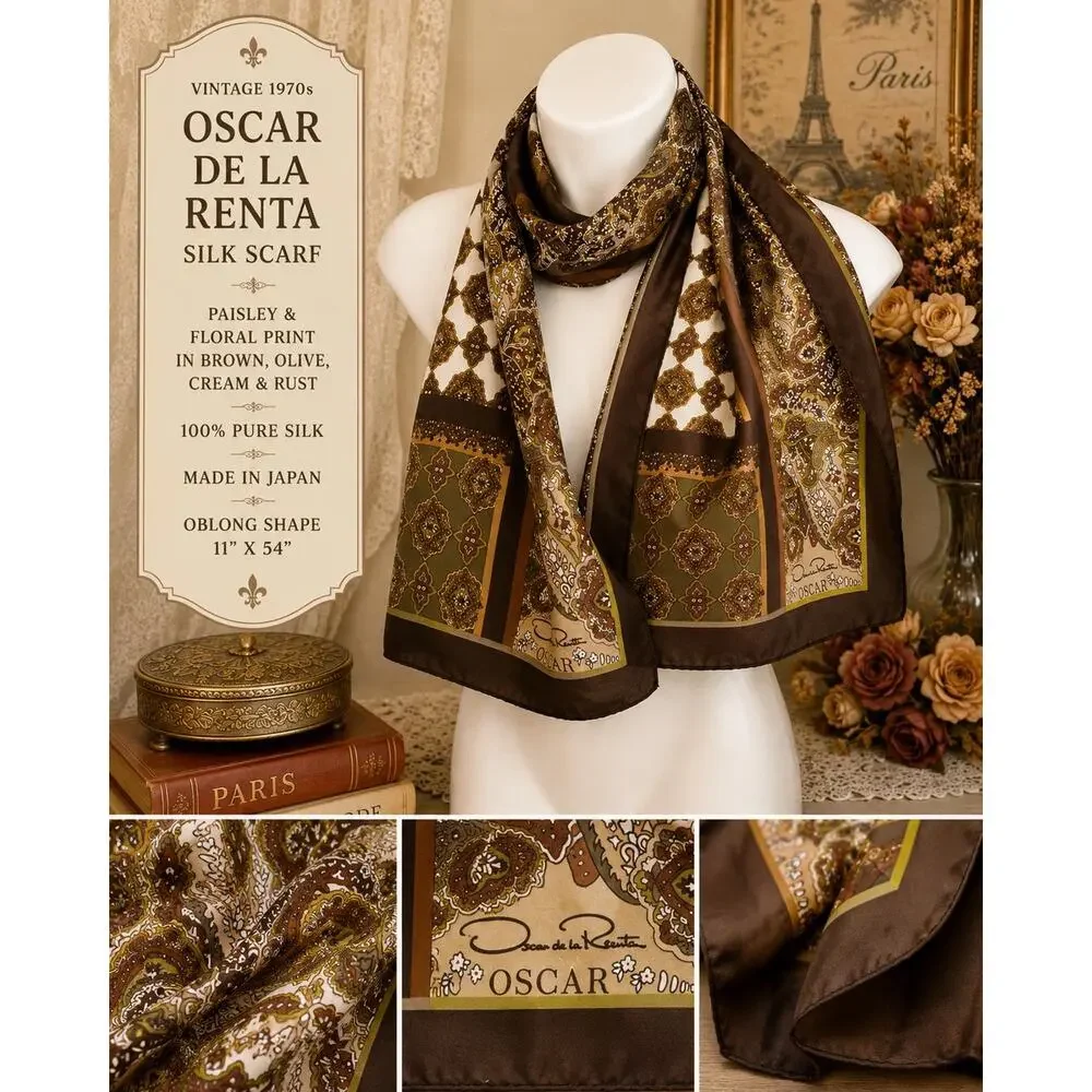 Vintage 70s Oscar de la Renta Silk Scarf Brown Olive Paisley 11x54 Oblong